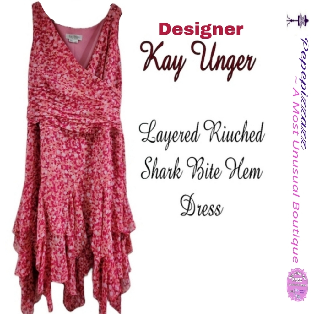 KAY UNGER Semi Formal layered floral dress sharkbite hem 14 $298 - Picture 2 of 8
